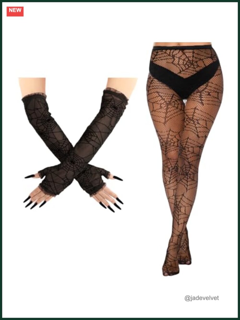 Black Lace Spiderweb Fingerless Gloves & Tights Halloween Set